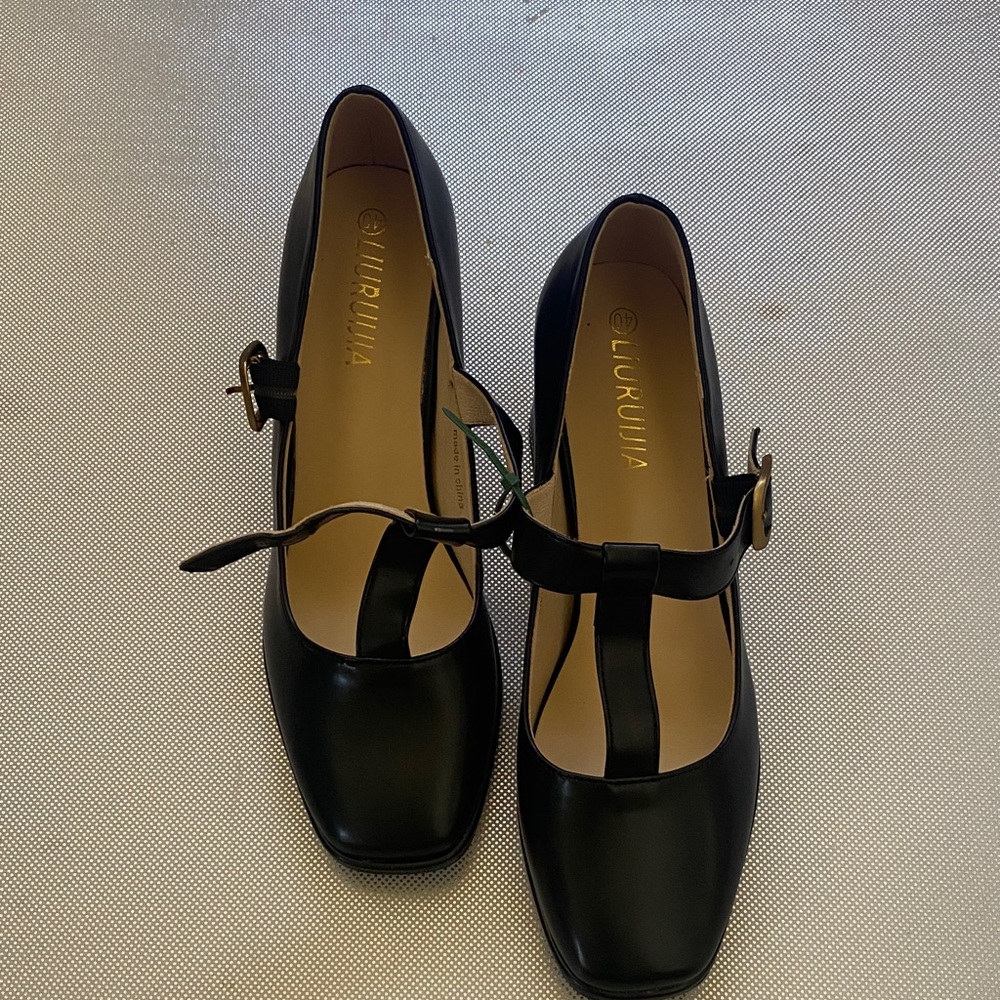 Liu·Rui·Jia Black T-Strap Mary Jane Block Heels